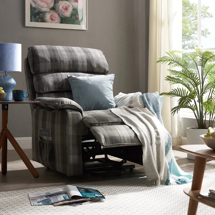 Electric Recliner Lift And Tilt High Riser Armchair, Grey Tartan - Available to view Howgate Shopping Centre - Falkirk
