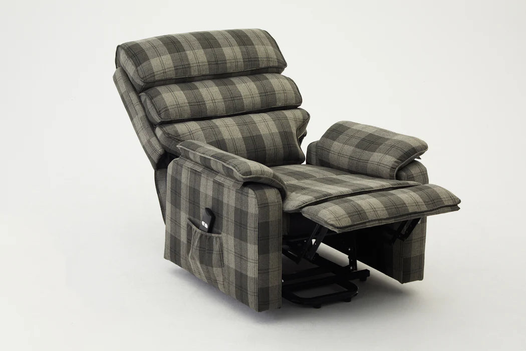 Electric Recliner Lift And Tilt High Riser Armchair, Grey Tartan - Available to view Howgate Shopping Centre - Falkirk