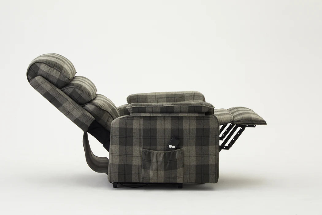 Electric Recliner Lift And Tilt High Riser Armchair, Grey Tartan - Available to view Howgate Shopping Centre - Falkirk
