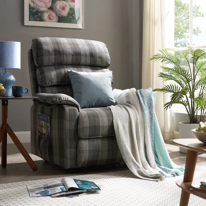 Electric Recliner Lift And Tilt High Riser Armchair, Grey Tartan - Available to view Howgate Shopping Centre - Falkirk